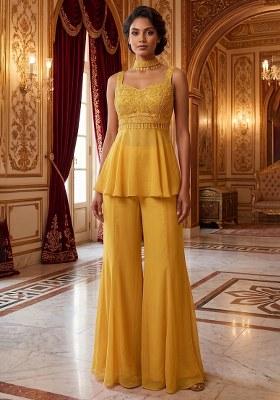 Yellow Embroidered Handwork Fusion Set