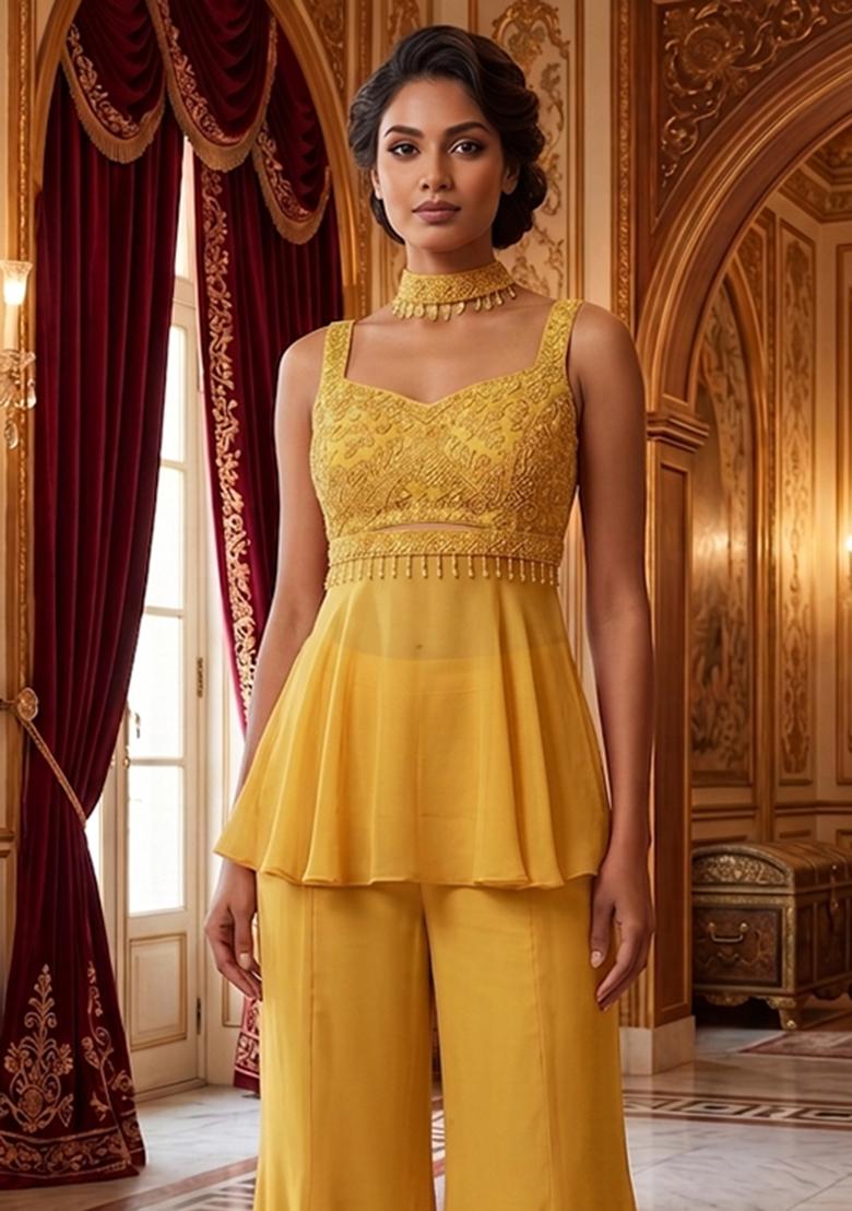 Yellow Embroidered Handwork Fusion Set - Indya