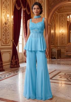 Blue Embroidered Handwork Fusion Set