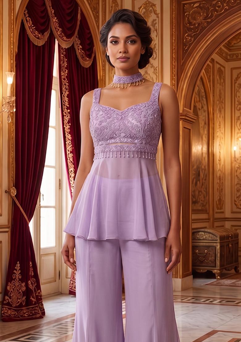 Lavender Embroidered Handwork Fusion Set - Indya