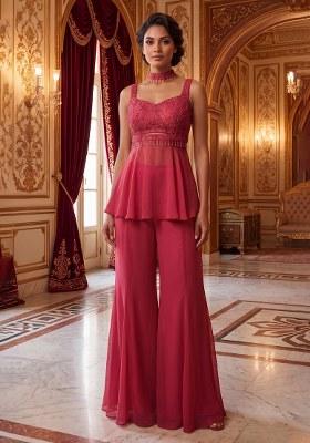 Dark Pink Embroidered Handwork Fusion Set