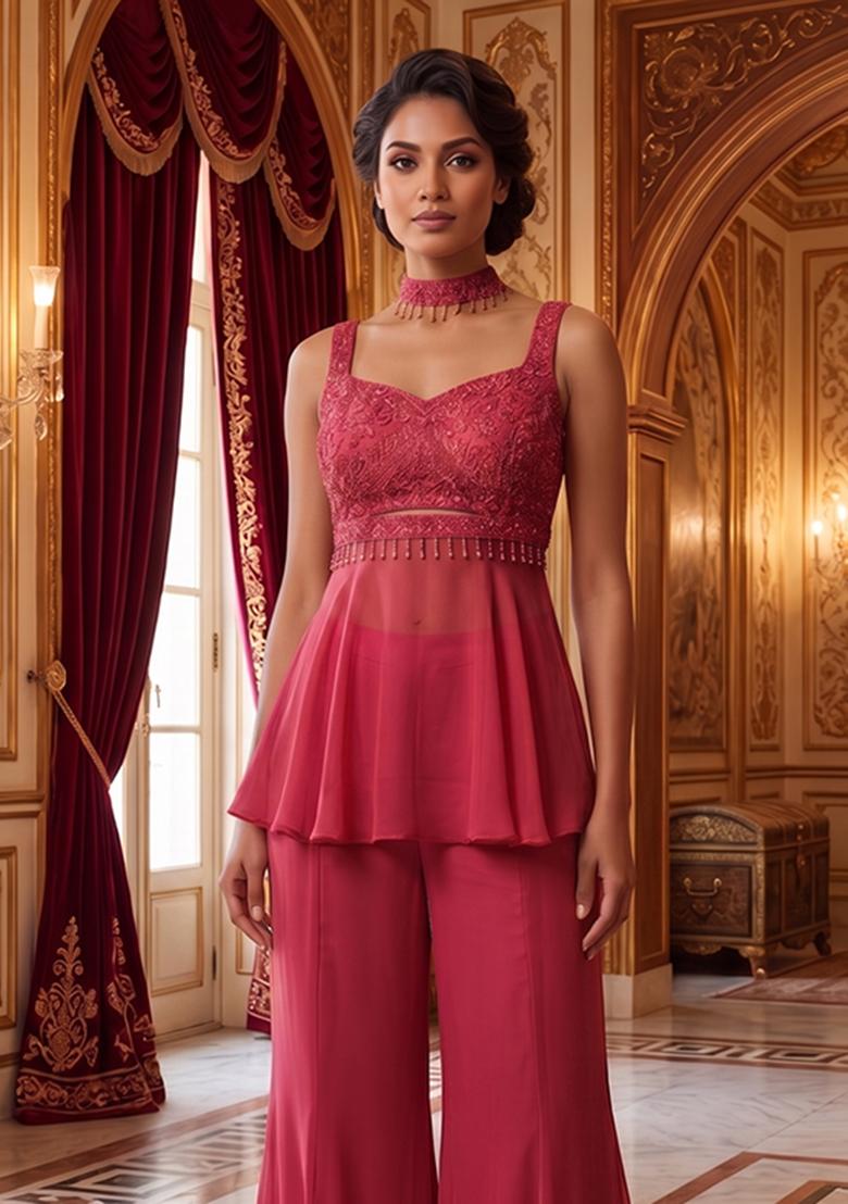 Dark Pink Embroidered Handwork Fusion Set - Indya