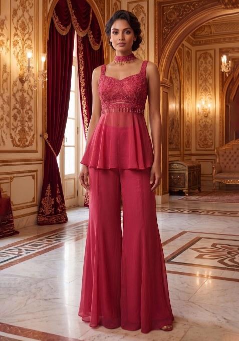 Dark Pink Embroidered Handwork Fusion Set