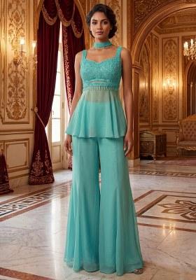 Turquoise Embroidered Handwork Fusion Set