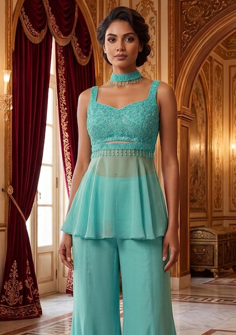 Turquoise Embroidered Handwork Fusion Set - Indya