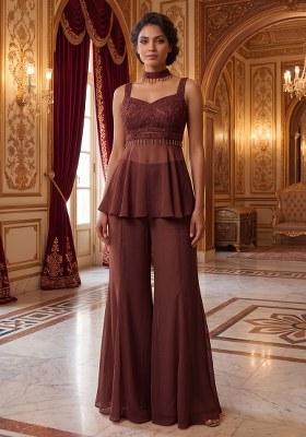 Brown Embroidered Handwork Fusion Set