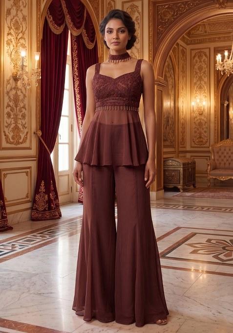 Brown Embroidered Handwork Fusion Set
