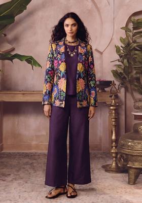 Deep Purple Printed Silk Fusion Set