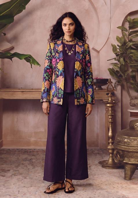 Deep Purple Printed Silk Fusion Set