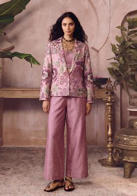 Pink Printed Silk Fusion Set