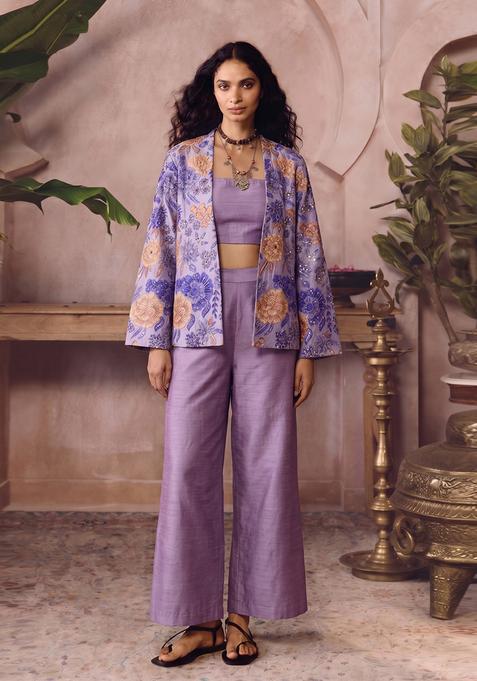 Mauve Printed Silk Fusion Set