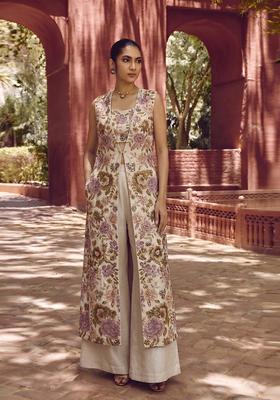 Beige Printed Chinon Fusion Set