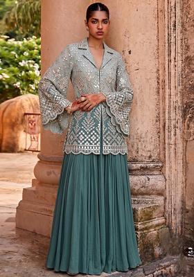 Sage Green Embroidered Viscose Fusion Set