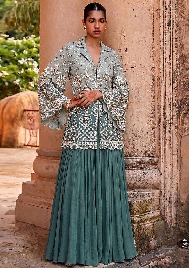 Sage Green Embroidered Viscose Fusion Set - Indya