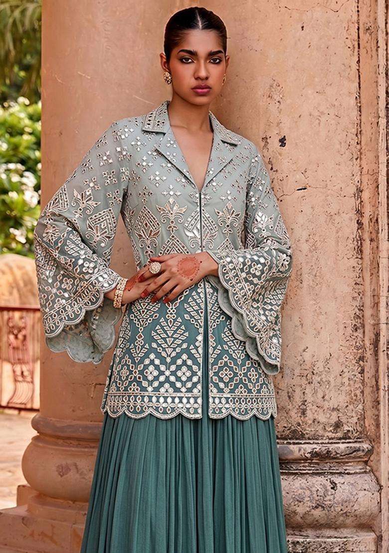Sage Green Embroidered Viscose Fusion Set - Indya