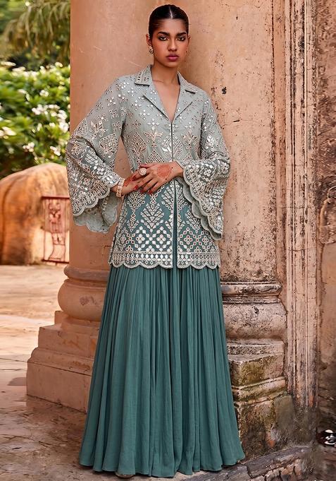 Sage Green Embroidered Viscose Fusion Set
