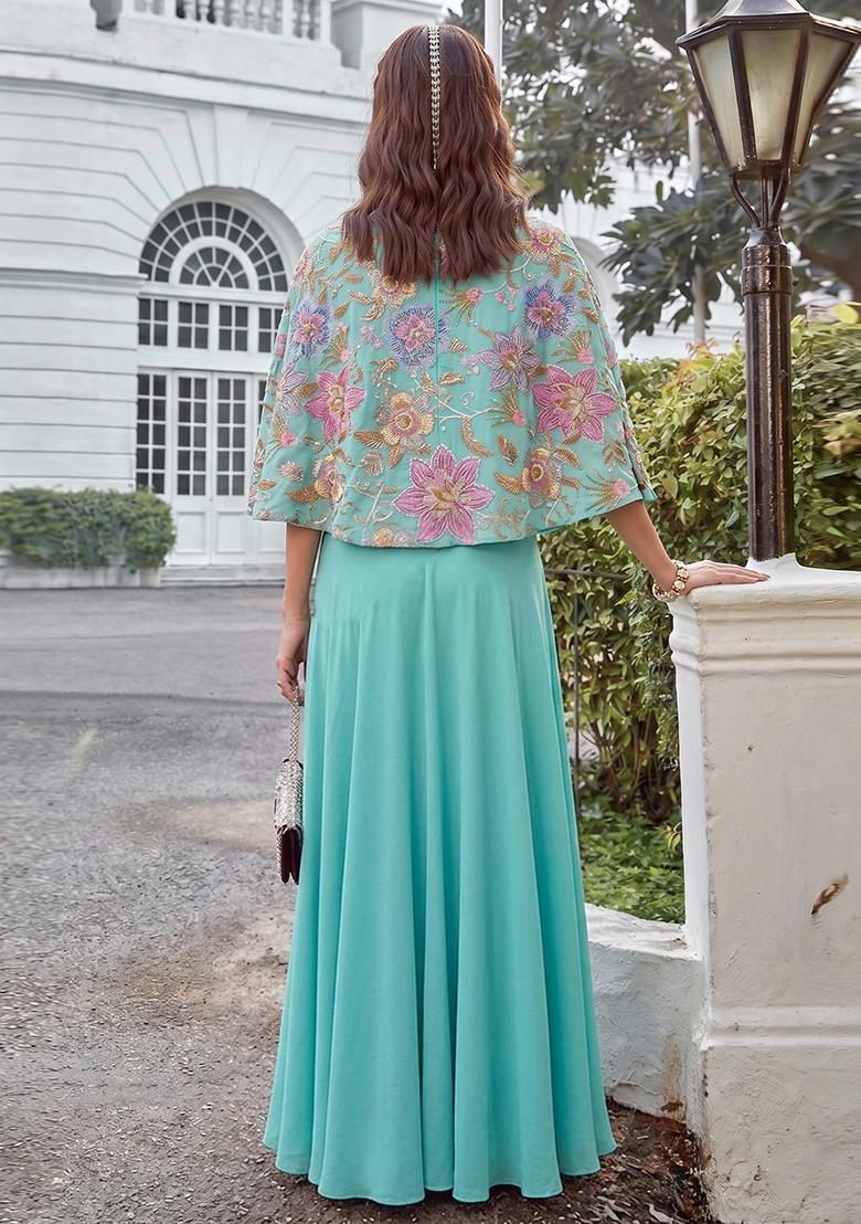 Sky Blue Embroidered Organza Lehenga Set - Indya