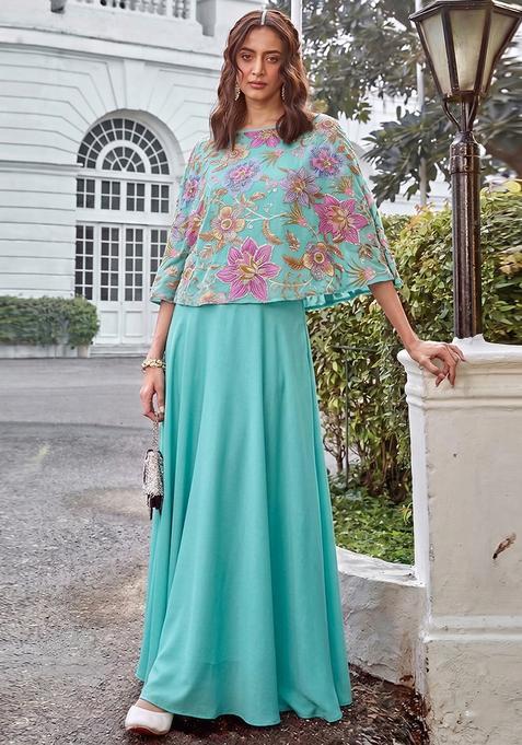 Sky Blue Embroidered Organza Lehenga Set