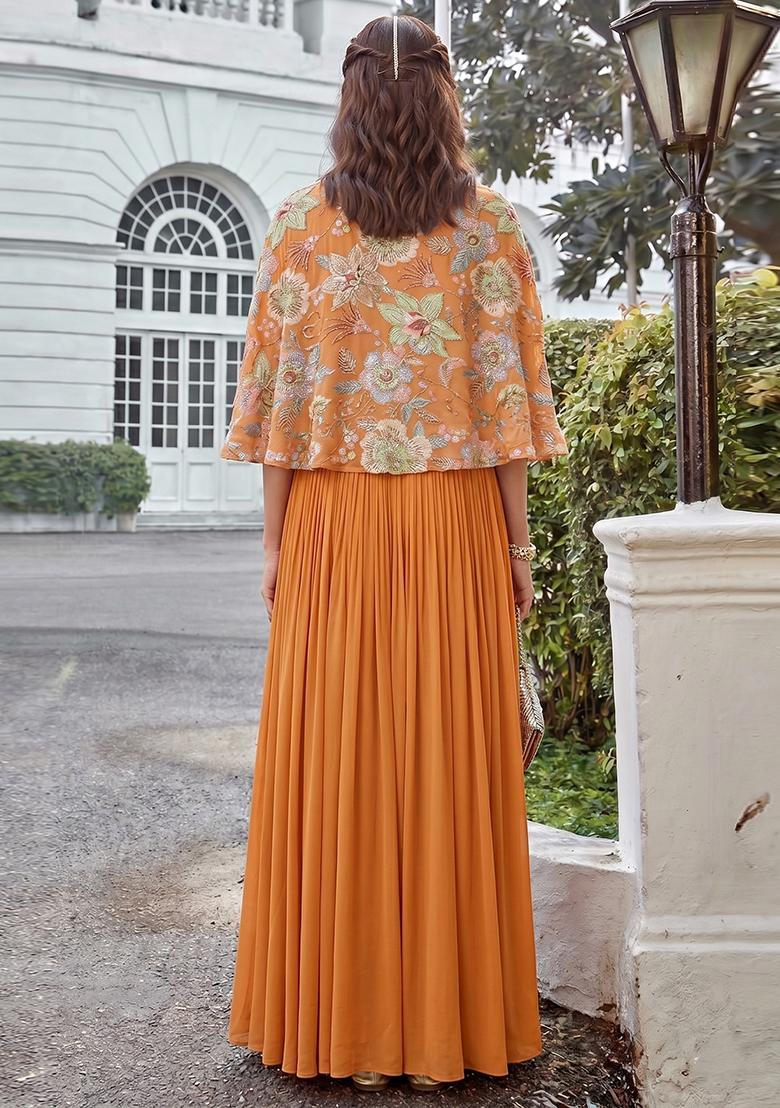 Orange Embroidered Organza Lehenga Set - Indya
