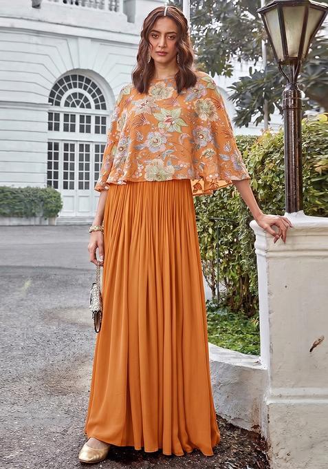 Orange Embroidered Organza Lehenga Set