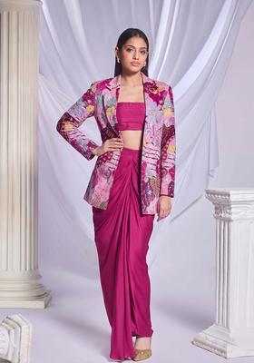 Magenta Pink Printed Crepe Fusion Set