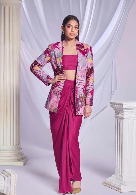 Magenta Pink Printed Crepe Fusion Set