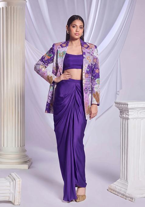 Purple Printed Crepe Fusion Set
