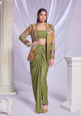 Olive Green Printed Crepe Fusion Set