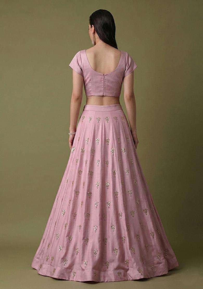 Pink Embroidered Silk Lehenga Set - Indya
