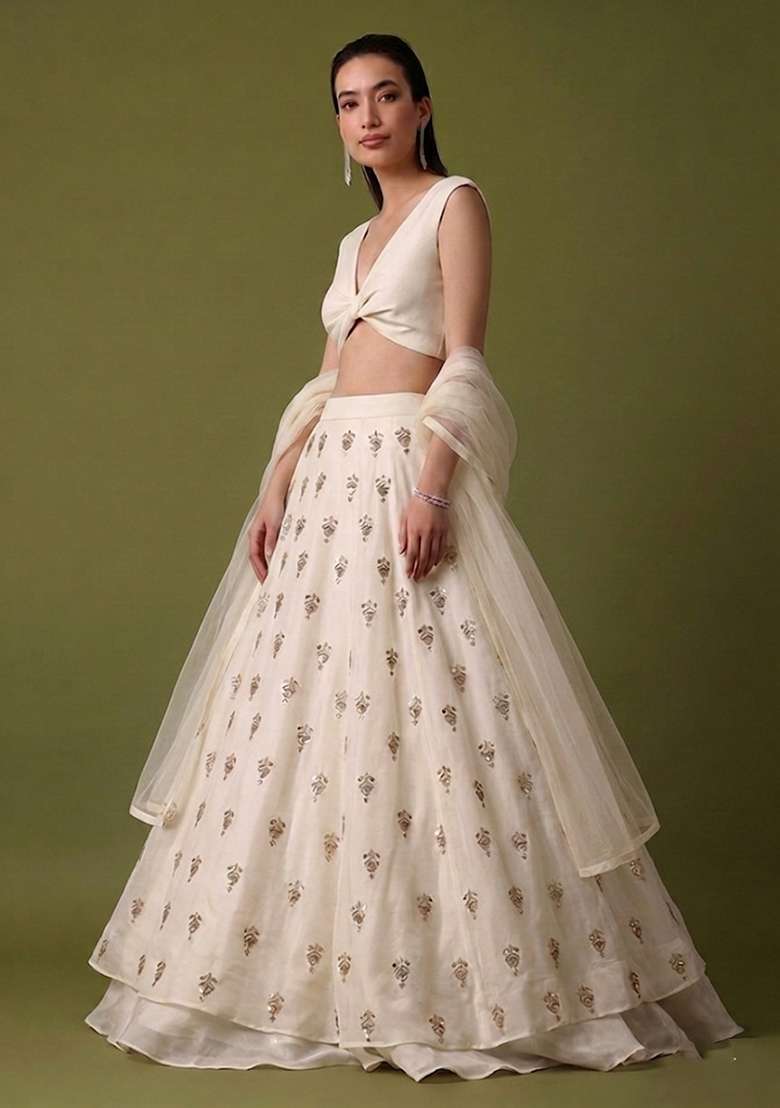 White Embroidered Silk Lehenga Set - Indya