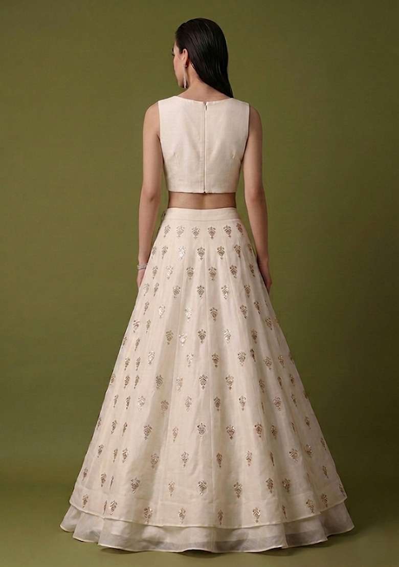 White Embroidered Silk Lehenga Set - Indya