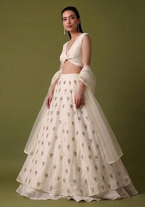 White Embroidered Silk Lehenga Set