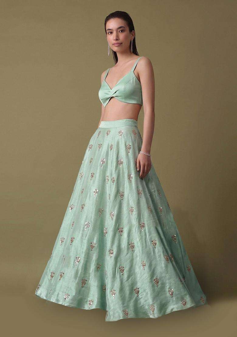 Mint Green Embroidered Silk Lehenga Set - Indya