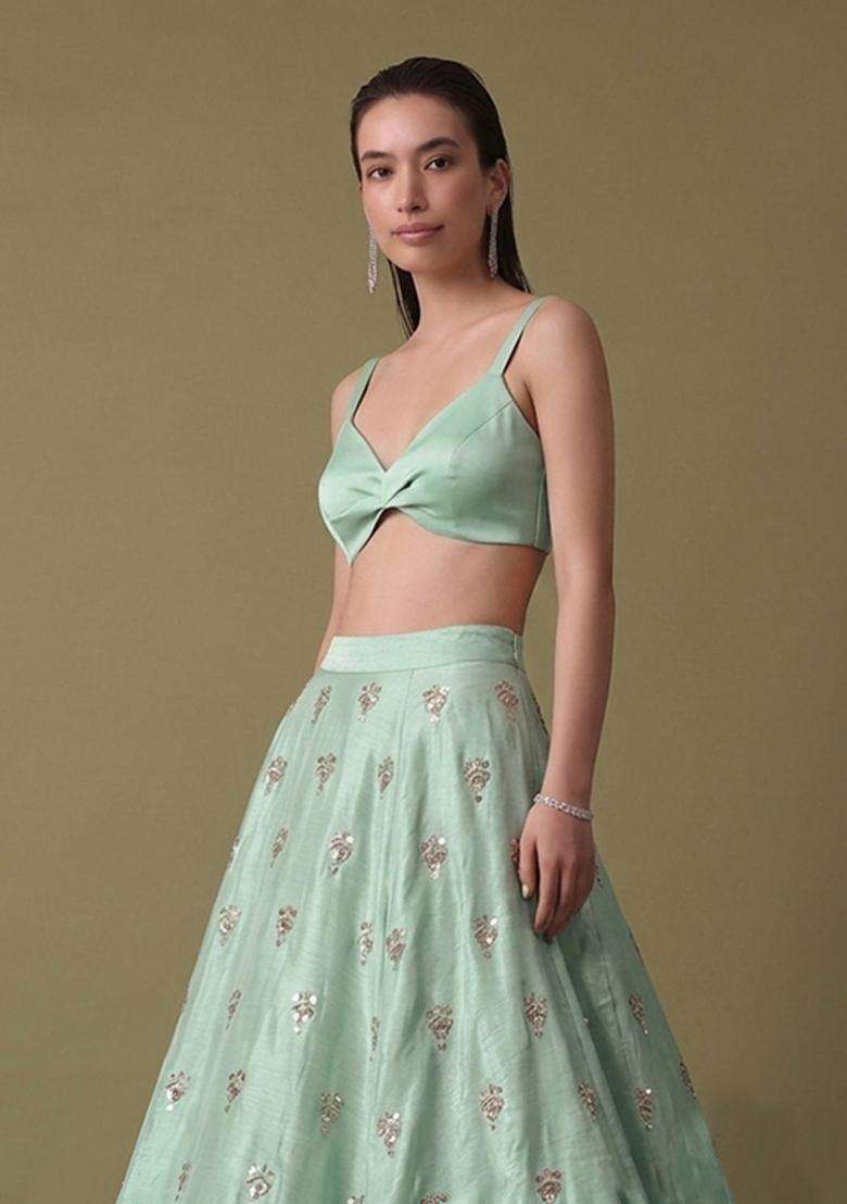 Mint Green Embroidered Silk Lehenga Set - Indya