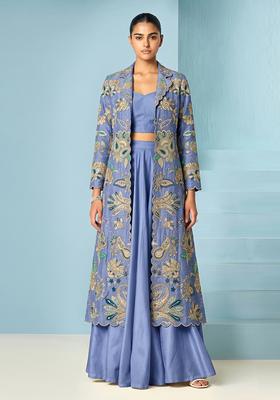 Pastel Blue Embroidered Organza Fusion Set