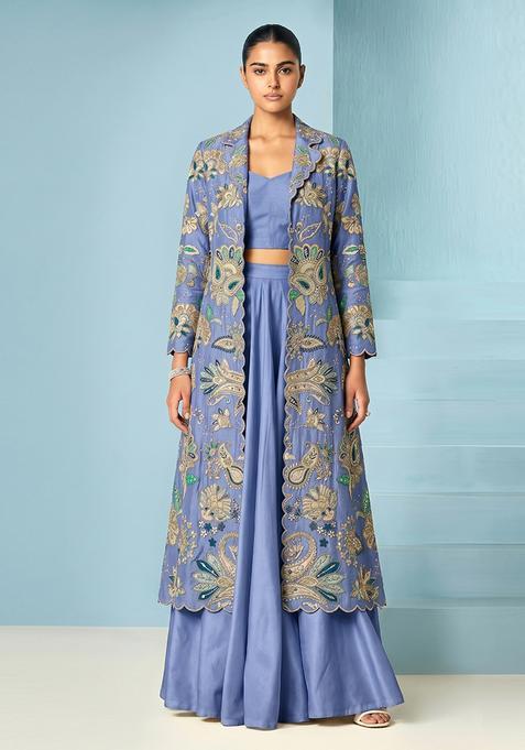 Pastel Blue Embroidered Organza Fusion Set