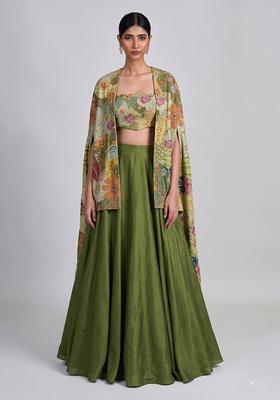 Olive Green Printed Crepe Lehenga Set