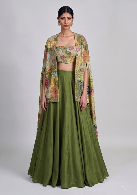 Olive Green Printed Crepe Lehenga Set