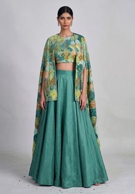 Teal Green Printed Crepe Lehenga Set
