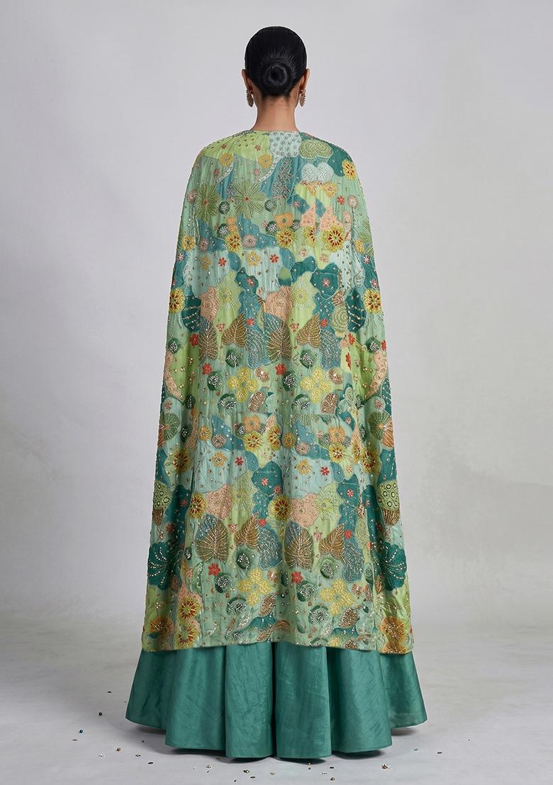 Teal Green Printed Crepe Lehenga Set - Indya