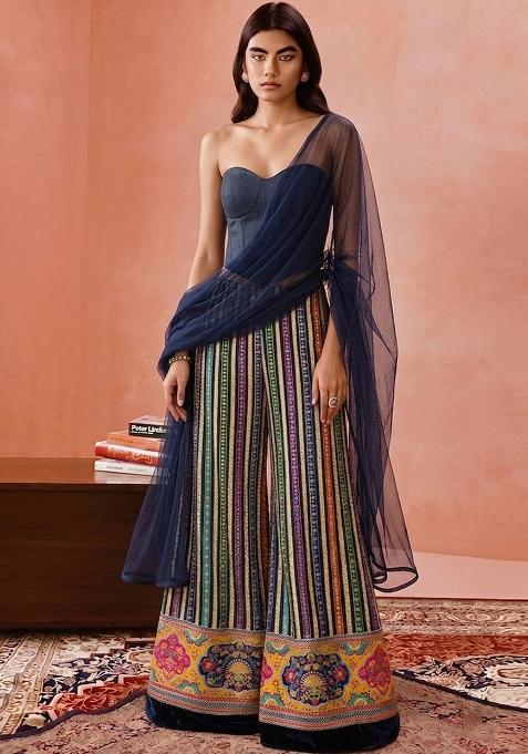 Navy Blue Sequin Crepe Fusion Set