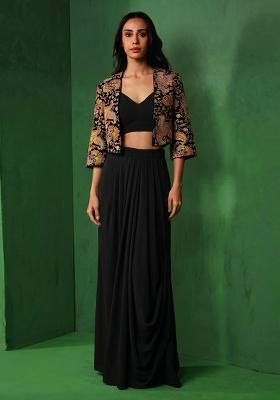 Black Embroidered Crepe Lehenga Set