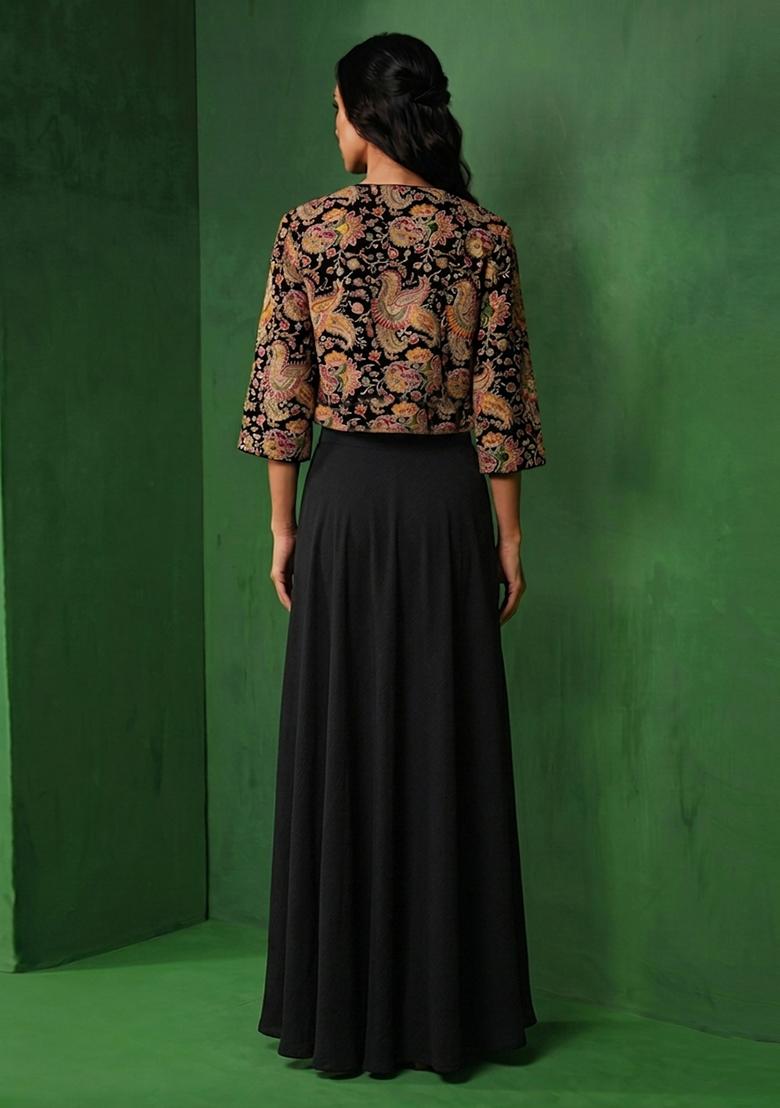 Black Embroidered Crepe Lehenga Set - Indya