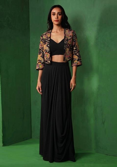 Black Embroidered Crepe Lehenga Set