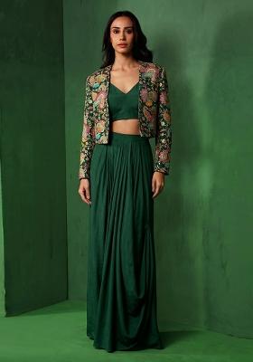 Bottle Green Embroidered Crepe Lehenga Set