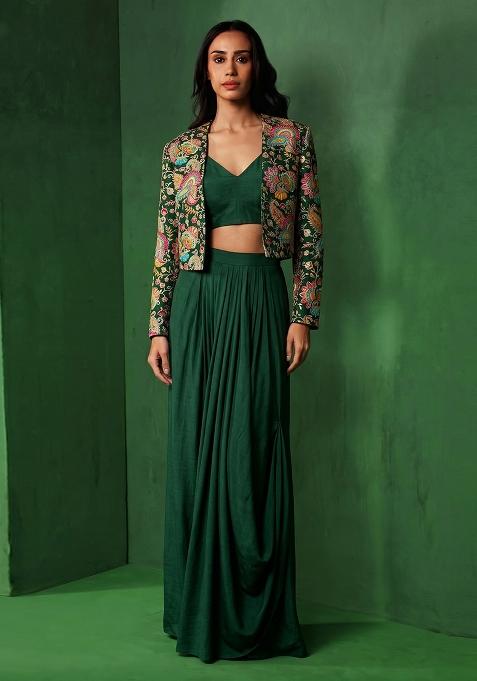 Bottle Green Embroidered Crepe Lehenga Set