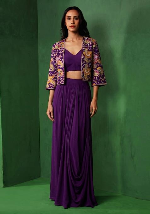 Purple Embroidered Crepe Lehenga Set