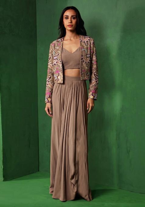 Beige Embroidered Crepe Lehenga Set