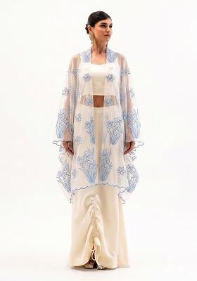 Blue Embroidered Organza Fusion Set