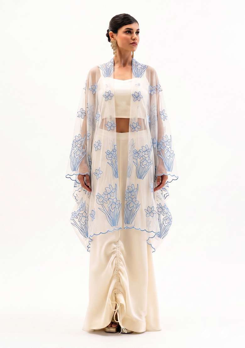 Blue Embroidered Organza Fusion Set - Indya